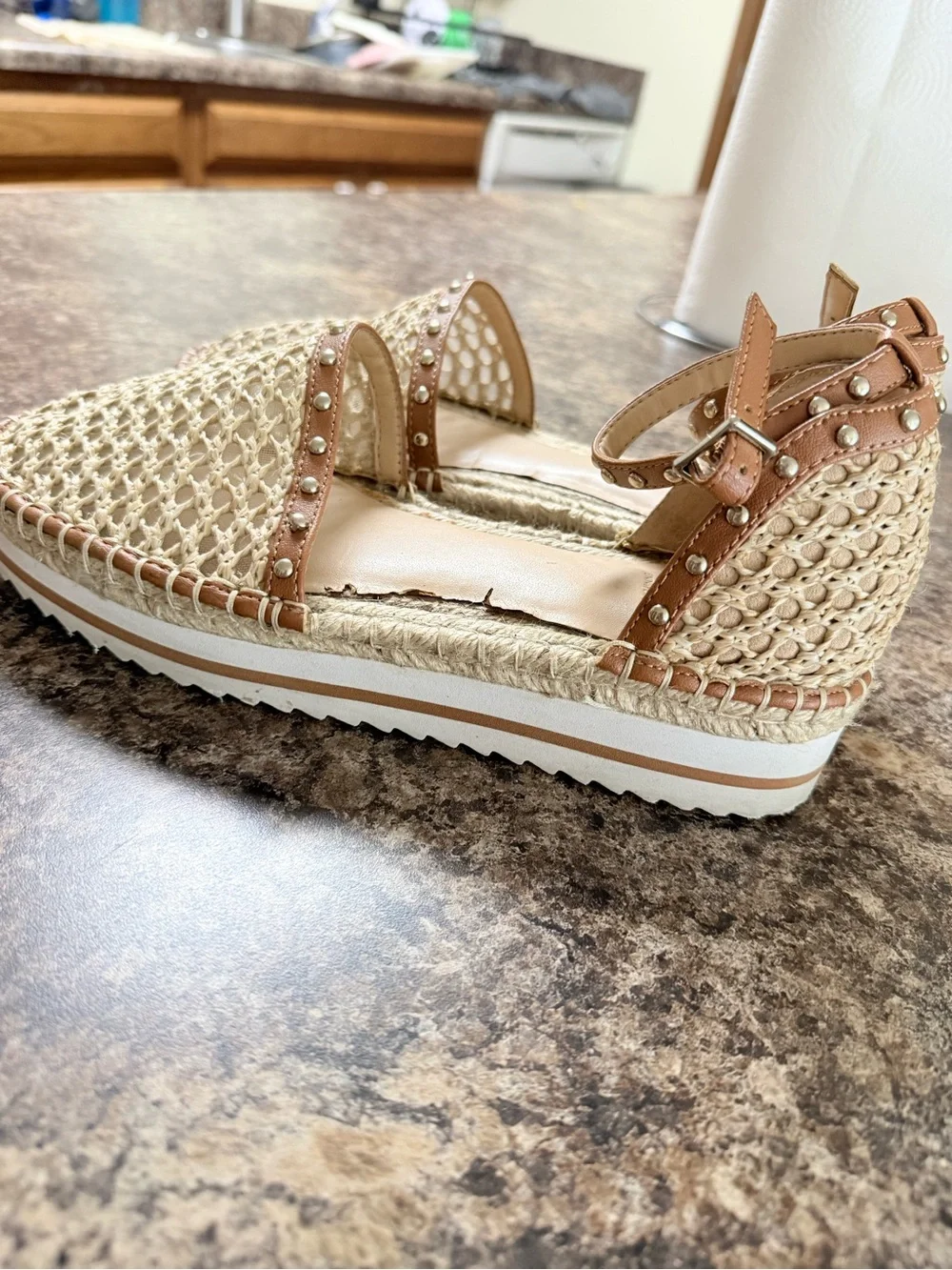 Jennifer Lopez Cream Woven Espadrille Flats with Tan Trim and Ankle Strap